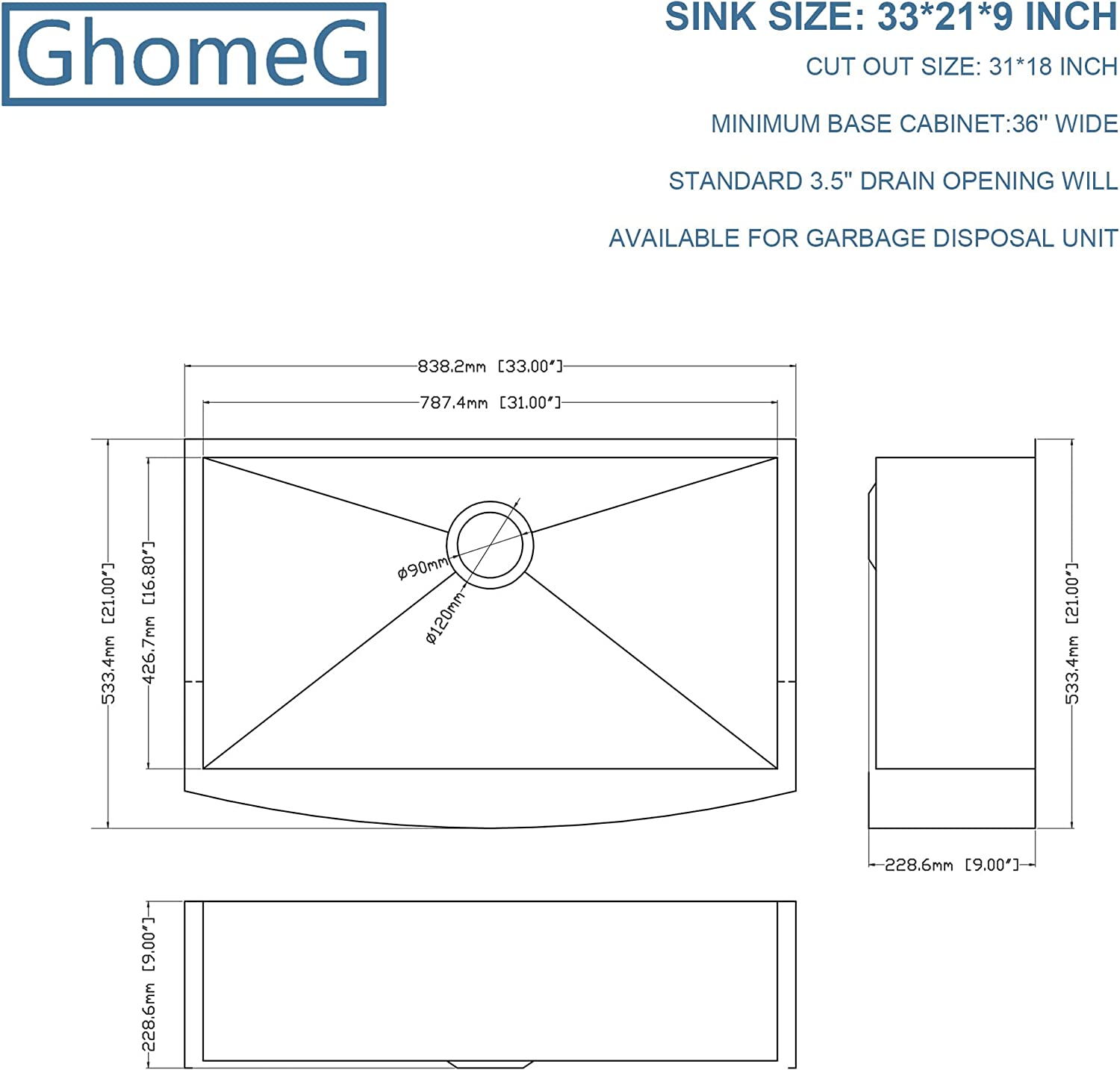 GhomeG 33 Inch Single Bowl Stainless Steel Farmhouse Kitchen Sinks Apron Front 33x22 Inch 18-Gauge Ledge Workstation Farm Kitchen Sink ghomeg