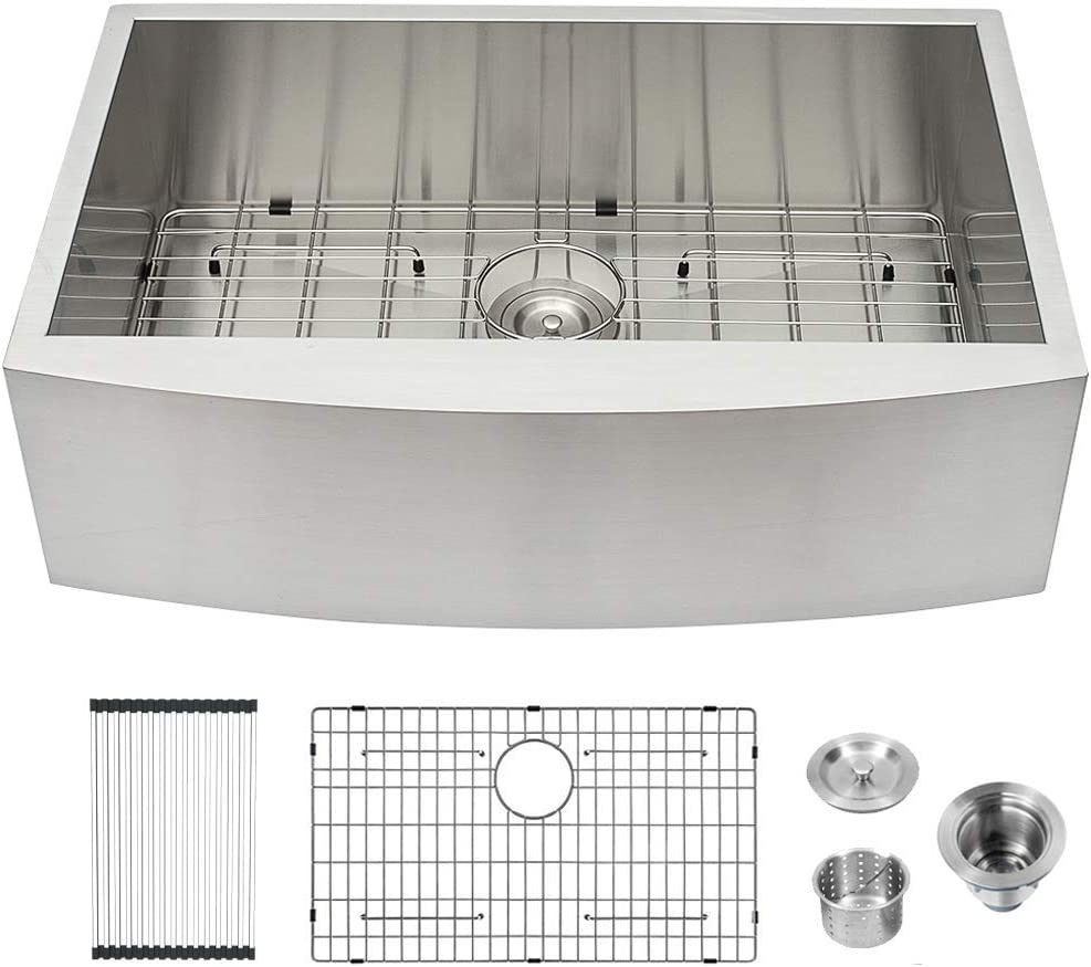 GhomeG 33 Inch Single Bowl Stainless Steel Farmhouse Kitchen Sinks Apron Front 33x22 Inch 18-Gauge Ledge Workstation Farm Kitchen Sink ghomeg