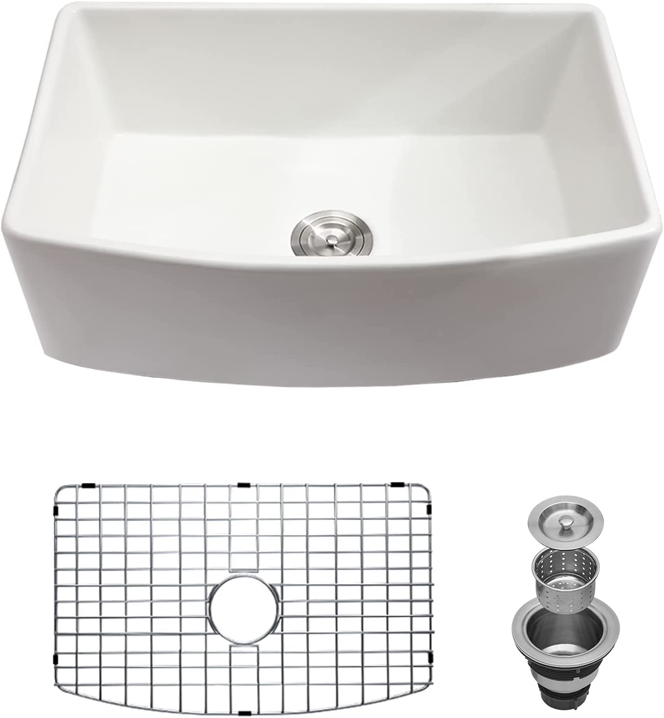 White Farmhouse Kitchen Sink - GhomeG 30"x19" Apron Front Fireclay Ceramic Porcelain Single Bowl Kitchen Sink with Protective Bottom Grid and Strainer ghomeg