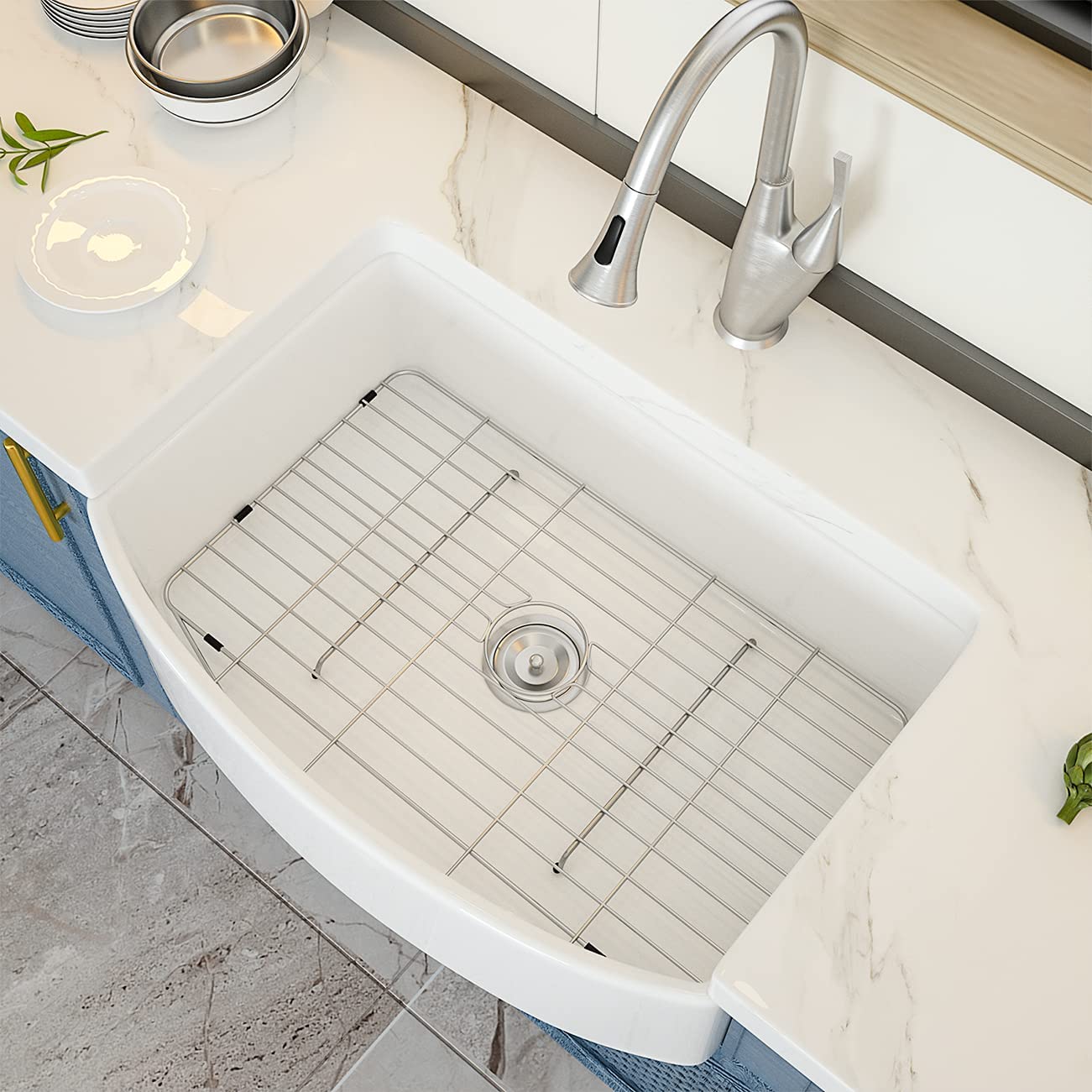 White Farmhouse Kitchen Sink - GhomeG 30"x19" Apron Front Fireclay Ceramic Porcelain Single Bowl Kitchen Sink with Protective Bottom Grid and Strainer ghomeg