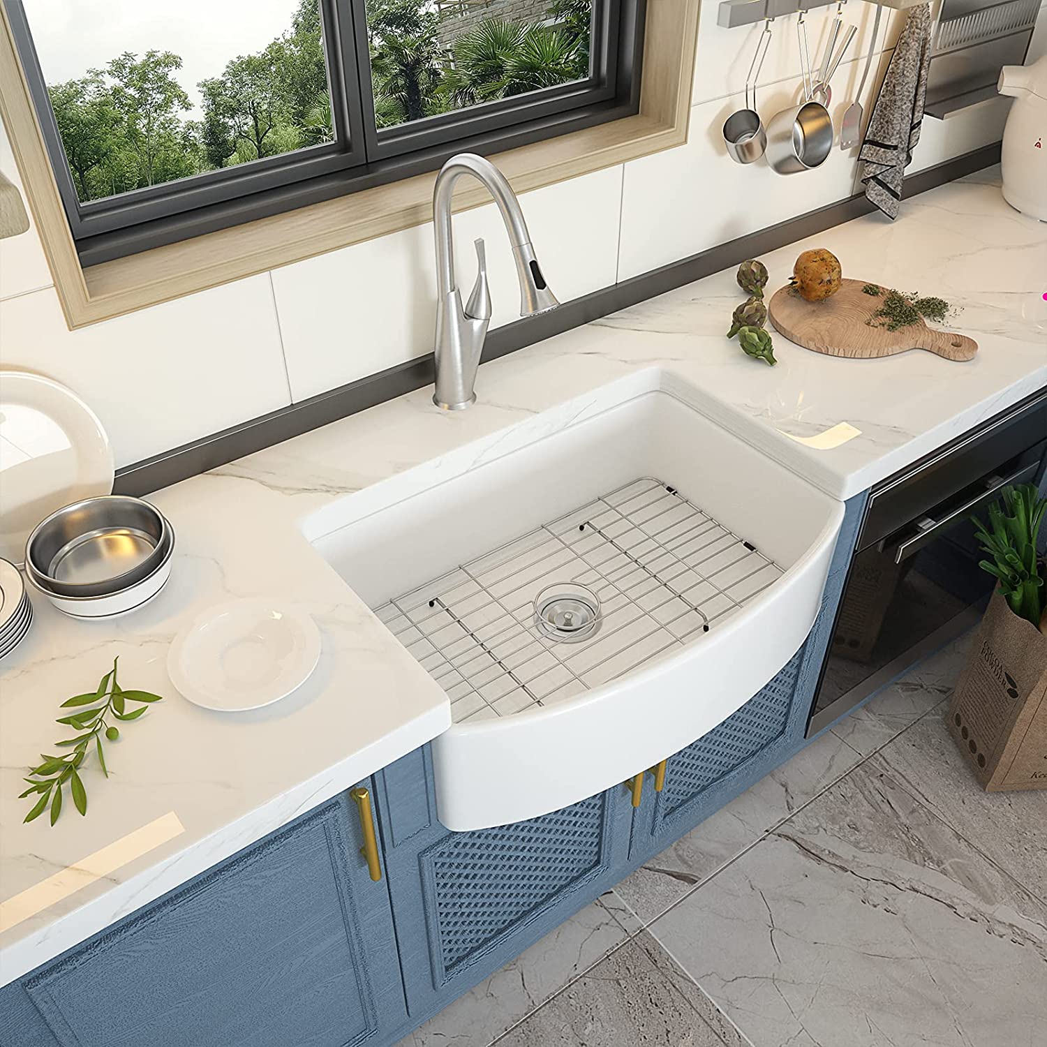 White Farmhouse Kitchen Sink - GhomeG 30"x19" Apron Front Fireclay Ceramic Porcelain Single Bowl Kitchen Sink with Protective Bottom Grid and Strainer ghomeg